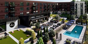 a rendering of an apartment building with a pool and courtyard